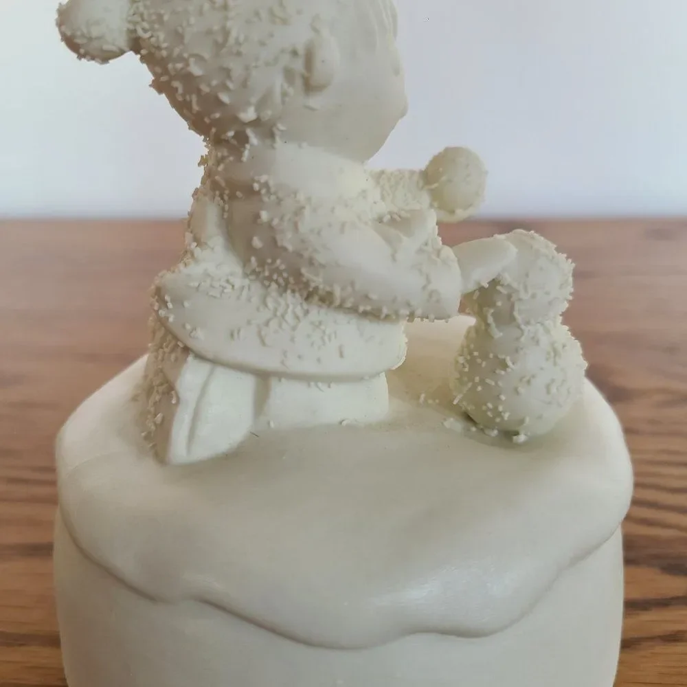 Porcelain Bisque Holiday Christmas Music Box Boy Building Snowman 